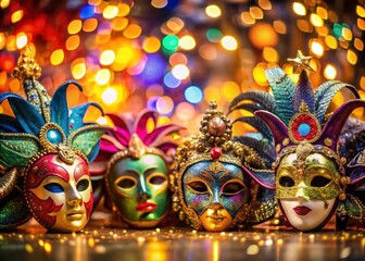 Obraz premium Vibrant Carnival Masks Displayed Against a Colorful Festive Background Capturing the Spirit of Celebration and Tradition in a Stunning Panoramic View