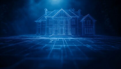 A futuristic, blue-hued digital representation of a house, suggesting architectural design and technology integration.