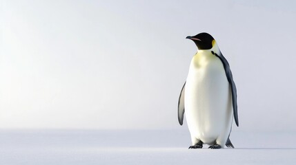 Naklejka premium A lone emperor penguin stands on a snowy, white landscape, gazing towards the horizon.