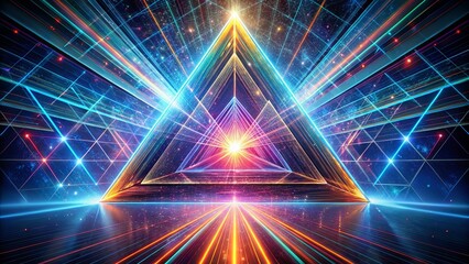 A radiant prism of light and energy explodes from a luminous central point, illuminating a futuristic landscape of intersecting lines and shimmering surfaces.