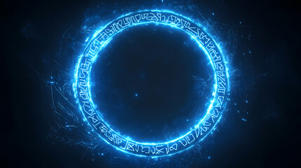 Blue magic runes in a circle. spell effect with ancient fantasy writing. glowing magical neon ring. sorcerer's spell. illustration. Glowing. Illustration