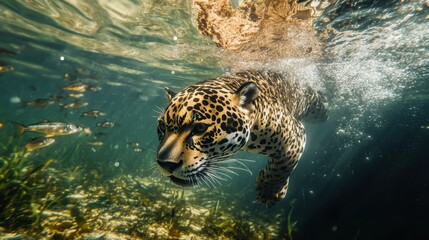 Majestic Jaguar Swimming Underwater in a Tropical River - Wildlife Photography.