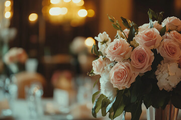 Obraz premium Close up of classic wedding reception indoors with florals and tablescape