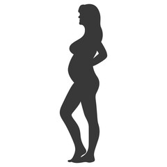 Pregnant Mom Silhouette Isolated on White Background. Black and White Vector Illustration.