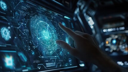 Hand Touching a Glowing Futuristic Screen with Data Visualizations