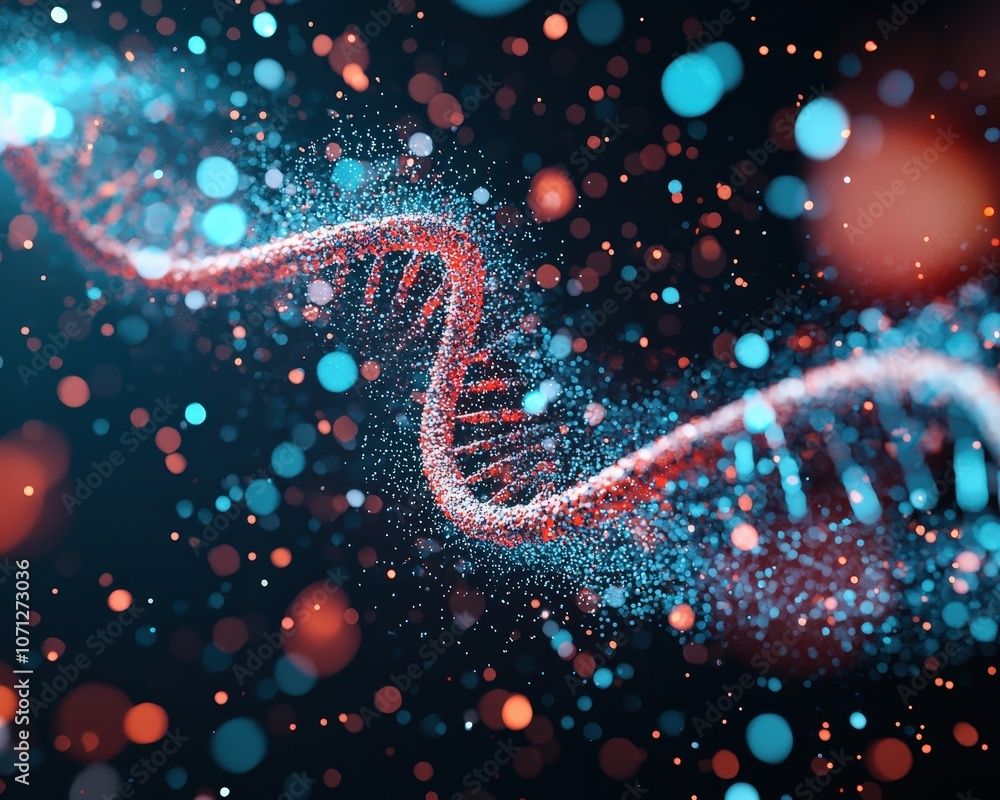 Poster animated particles surrounding a dna double helix