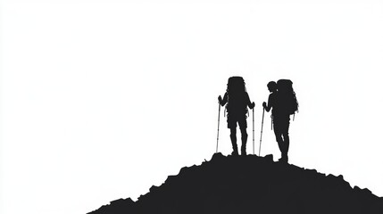 Silhouettes of Two Hikers on a Mountain Peak