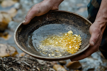  Gold panning close-up with golden nuggets in a miner's hands, illustrating traditional gold mining methods, river prospecting, and raw gold collection for educational or historical use