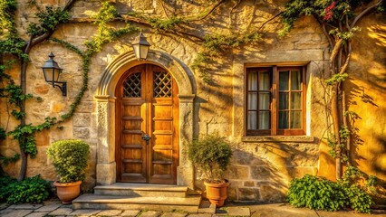 Naklejka premium A Rustic Stone Wall Adorned with Lush Greenery, Featuring a Double Wooden Door with a Decorative Iron Grille and a Single Window with Paneled Glass, Bathed in Warm Sunlight