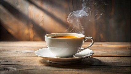 Obraz premium A steaming cup of tea resting on a rustic wooden table, bathed in soft light filtering through a window.