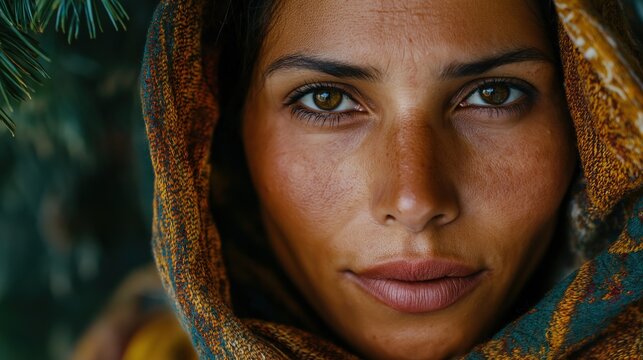 A young woman gazes thoughtfully ahead, adorned in vibrant fabrics. Lush greenery forms a calming backdrop, enhancing the tranquility of the moment. Her expression exudes peace and contemplation.