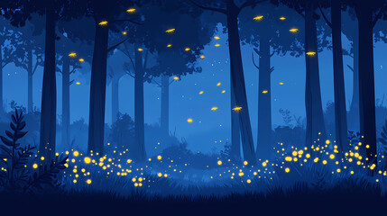 Falling fireflies in a glowing forest at night. Glowing. Illustration