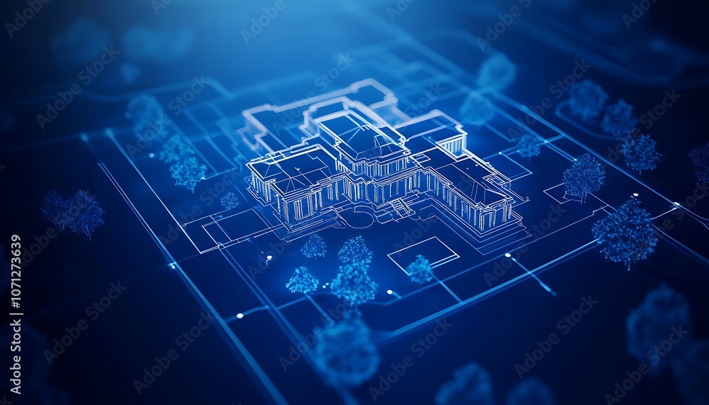 Aufkleber a digital blueprint of a building, visualized with glowing blue lines and dots, representing advance