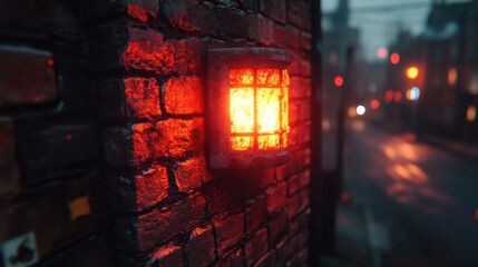 Fototapeta premium Red light glowing on a brick wall at night with blurred city lights in the background.
