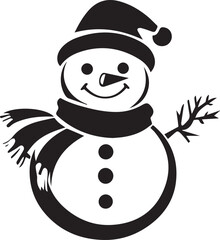 Silhouette of snowman with scarf and hat on white background