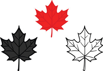 Obraz premium Set of maple leaves icons isolated on white background. Bright autumn red maple leaf, black silhouette and outline. Vector illustration.