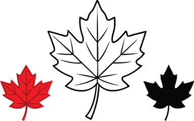 Set of maple leaves icons isolated on white background. Bright autumn red maple leaf, black silhouette and outline. Vector illustration.