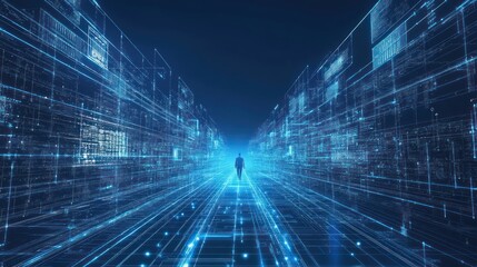 Dark Futuristic Tunnel with Glowing Pathways and Walking Figure