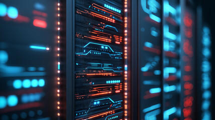 Naklejka premium Close-up of illuminated server rack in a data center 
