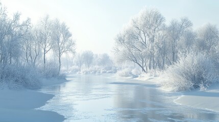 Winter Wonderland River Flowing Through a Snowy Forest with Frosted Trees and a Blue Sky.
