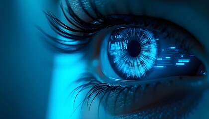 A close-up of one's eyes, futurism, a vibrant blue iris, digital patterns, and glowing neon like lines,