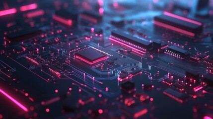 Glowing Circuit Board with Central Processor and Components