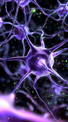 Close-up of neuron with glowing purple pink colors human brain cells medical science
