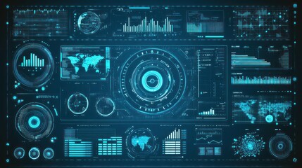 Digital Dashboard with Charts, Graphs, and World Maps in Blue Shades