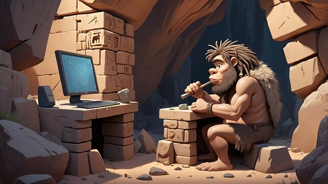 A stylized cartoon of an early human, with a fur garment and messy hair, carving a desktop computer from rock using a primitive chisel and hammer