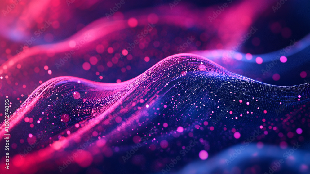 Poster abstract wave patterns with vibrant colors and glowing particles creating a mesmerizing effect