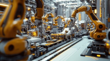 Fototapeta premium Industrial Robotic Arm Assembly Line Automation - Future of Manufacturing Concept.