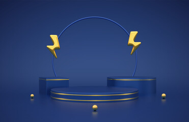 Stage podium with gold lightning bolt icon. Flash sale. Mega sale special offer. Discount shopping. Sale promotion. Blue round cube product podium, pedestal. Advertising template. Vector illustration.