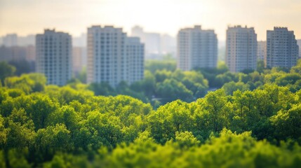 Obraz premium A serene view of green trees in the foreground with modern buildings in the background.
