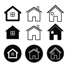 Collection home icons. House symbol. Set of real estate objects and houses black icons isolated on white background. Vector illustration.