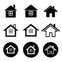 Collection home icons. House symbol. Set of real estate objects and houses black icons isolated on white background. Vector illustration.