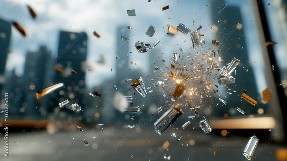 Poster crystal shard particles exploding in cityscape, creating dynamic visual effect. scene captures energ