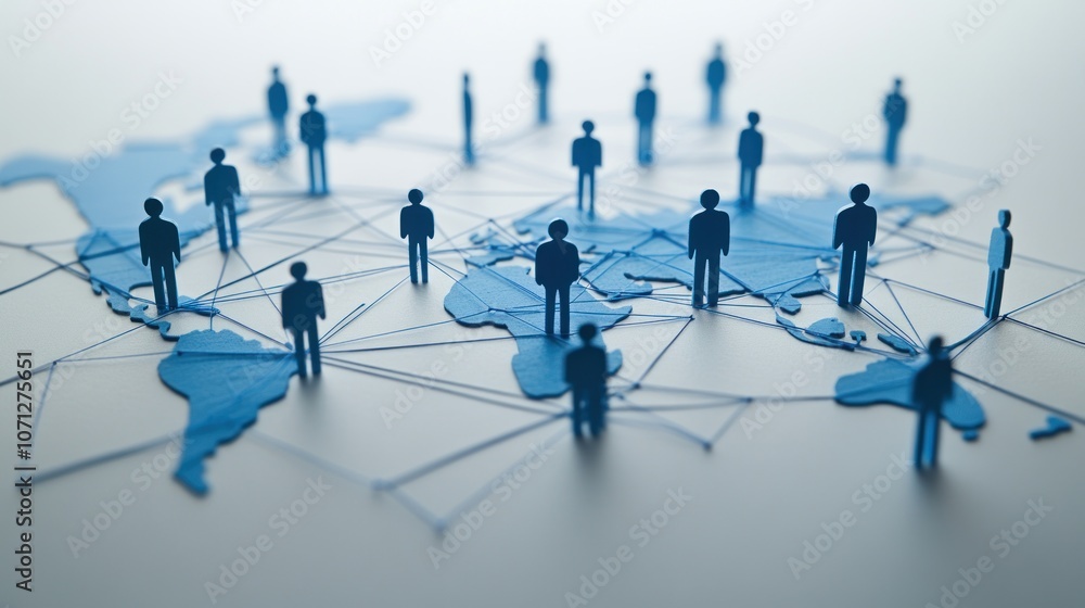 Poster a stylized representation of global connectivity with figures and a world map.