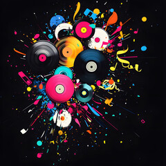 Obraz premium Vibrant explosion of colorful vinyl records and music notes on a black background, perfect for music, retro, art, party, and abstract design themes that captivate creativity lovers