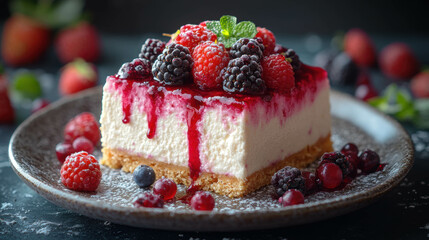 Creamy cheesecake topped with berries and berry sauce drizzle.