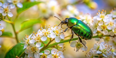 Vibrant Flower Chafer on Blooming Bird Cherry Flowers Captured in Tilt-Shift Photography, Showcasing Nature's Intricate Beauty in a Dreamlike Perspective