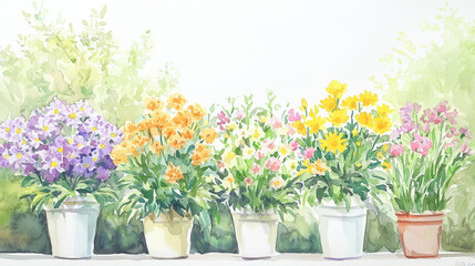 Fototapeta premium A vibrant array of potted flowers showcases colorful blooms against a soft, blurred natural background.