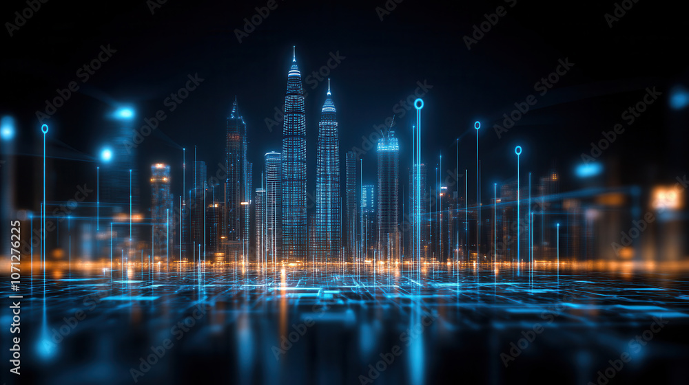 Poster futuristic skyline of uae illuminated by digital networks, showcasing advanced architecture and tech