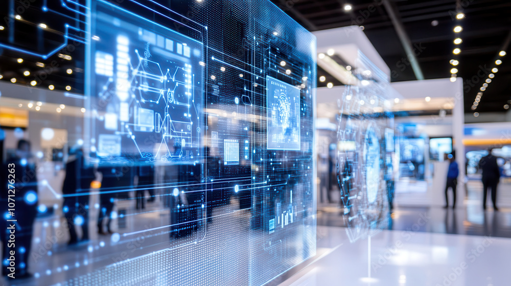 Poster high tech conference room with holographic displays and digital interfaces, showcasing advanced tech