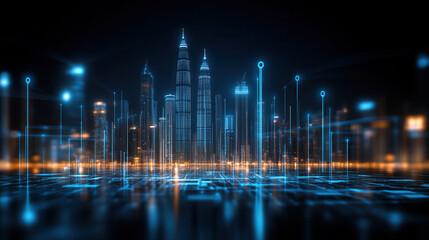 Fototapeta premium futuristic skyline of UAE illuminated by digital networks, showcasing advanced architecture and technology. scene evokes sense of innovation and progress