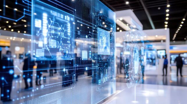 High tech conference room with holographic displays and digital interfaces, showcasing advanced technology and innovation in modern setting