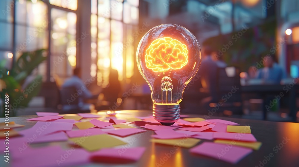 Aufkleber a glowing light bulb with a brain design, surrounded by colorful sticky notes in a workspace.
