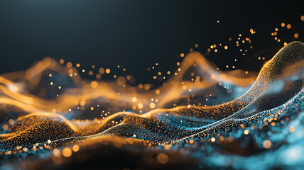 Using a cyber network grid and connected particles, this background shows an abstract quantum computing system featuring artificial neurons and global data connections
