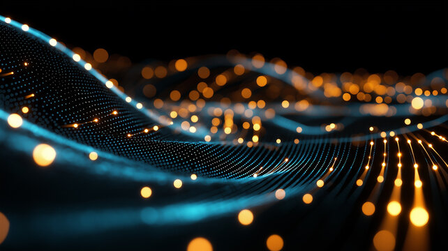 Using a cyber network grid and connected particles, this background shows an abstract quantum computing system featuring artificial neurons and global data connections
