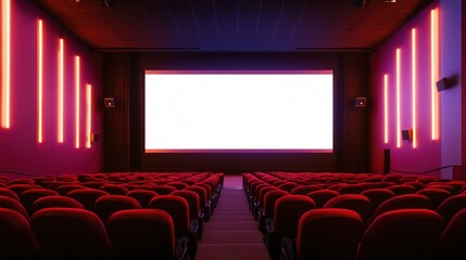 Obraz premium A modern cinema interior with red seating and illuminated walls, ready for a movie screening.