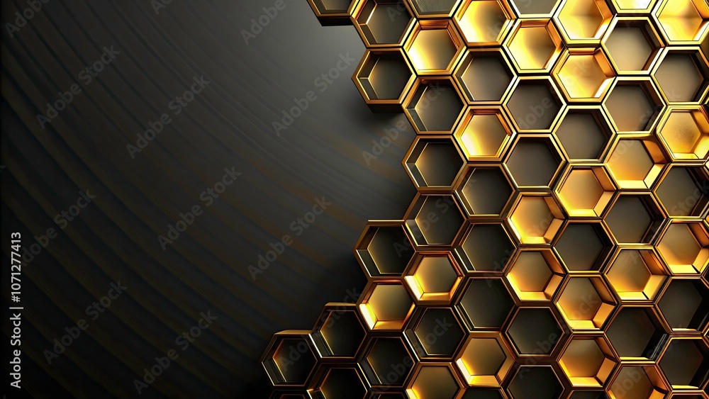 Poster abstract honeycomb pattern with golden strokes on black background for modern design projects, textu